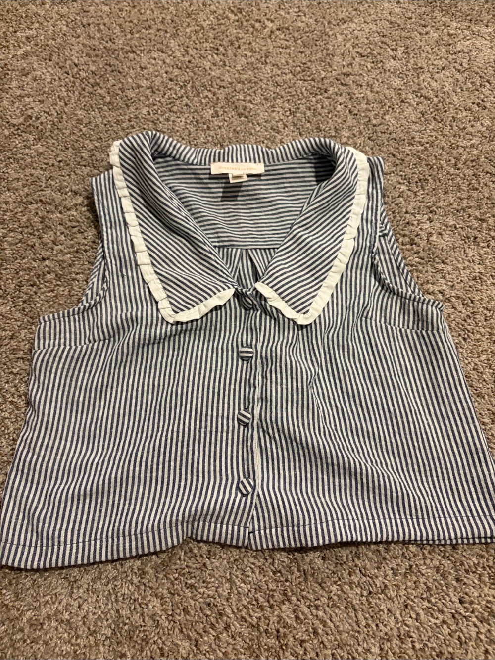 Sleeveless Navy & White Striped Button-Down Top with Cream Trim